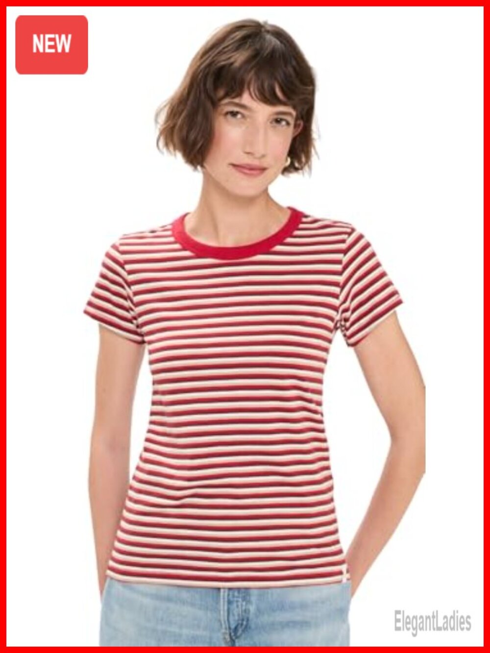 Striped Crew Neck Short Sleeve T-Shirt Lightweight Stretch Jersey Tee